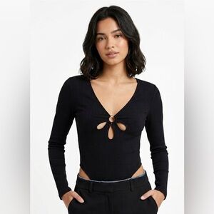 ASOS Black Ribbed Tie-Front Bodysuit - size 14